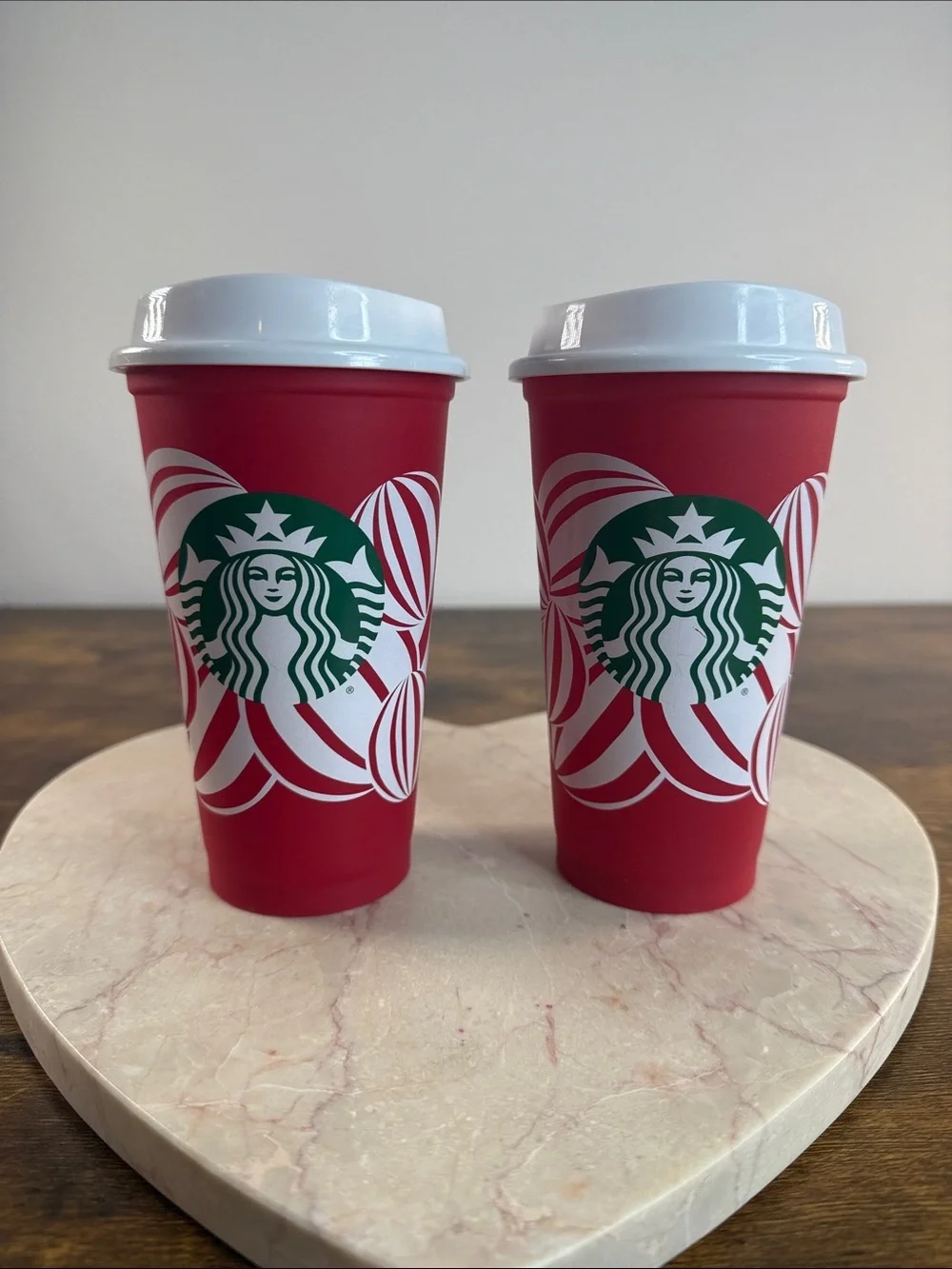 Starbucks Red Holiday Cups with Green Logo and White Lids (Pair)